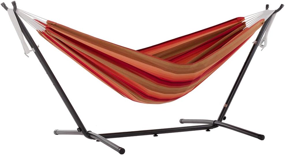Vivere Double Cotton Hammock with Space Saving Steel Stand, Upgraded Polyester End Strings 450 lb Capacity - Premium Carry Bag Included - (Tropical)