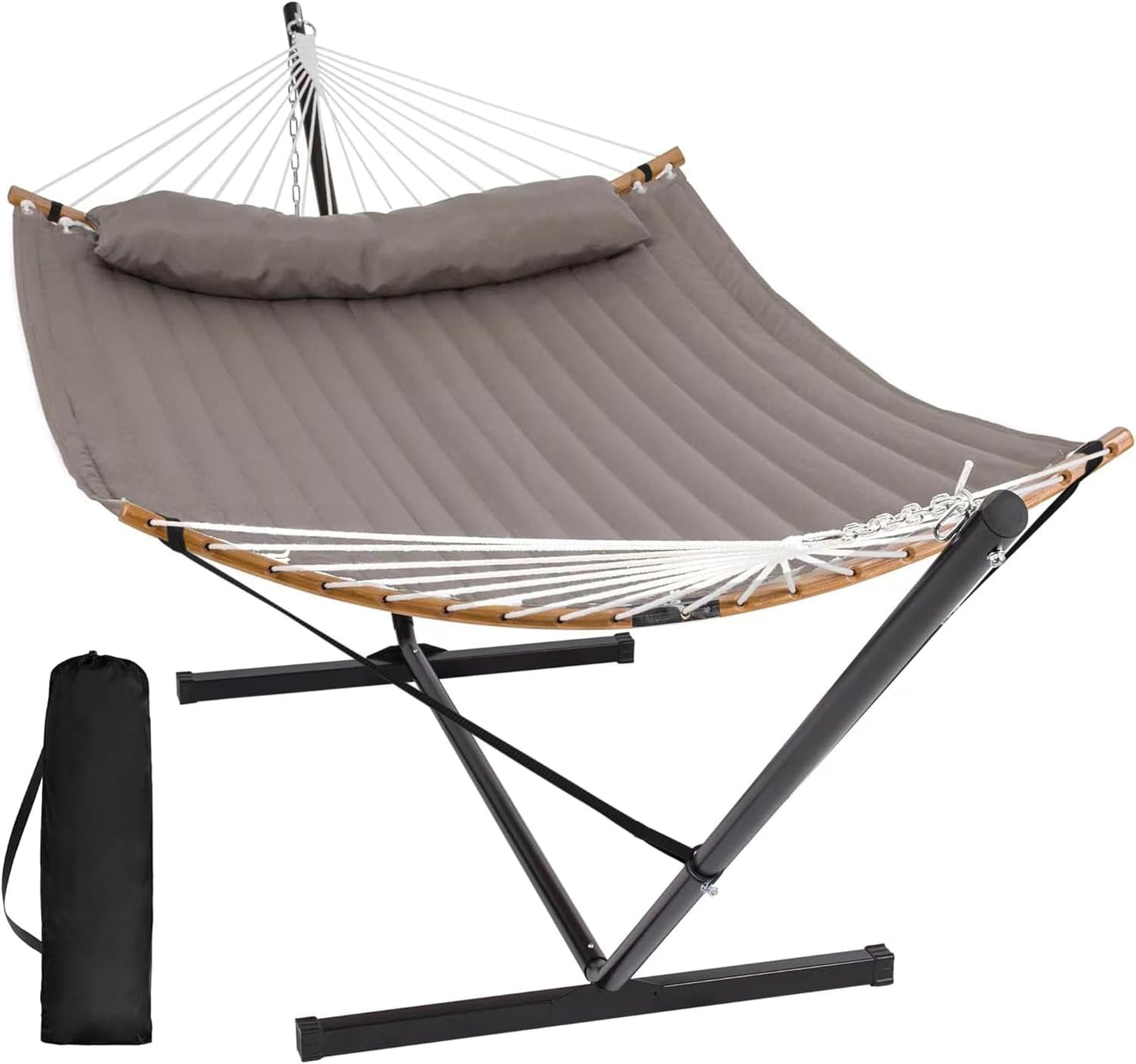 SUNCREAT Double Portable Hammock with Stand, 2 Person Hammock with Curved Spreader Bar, Balance Ropes Included, Dark Gray