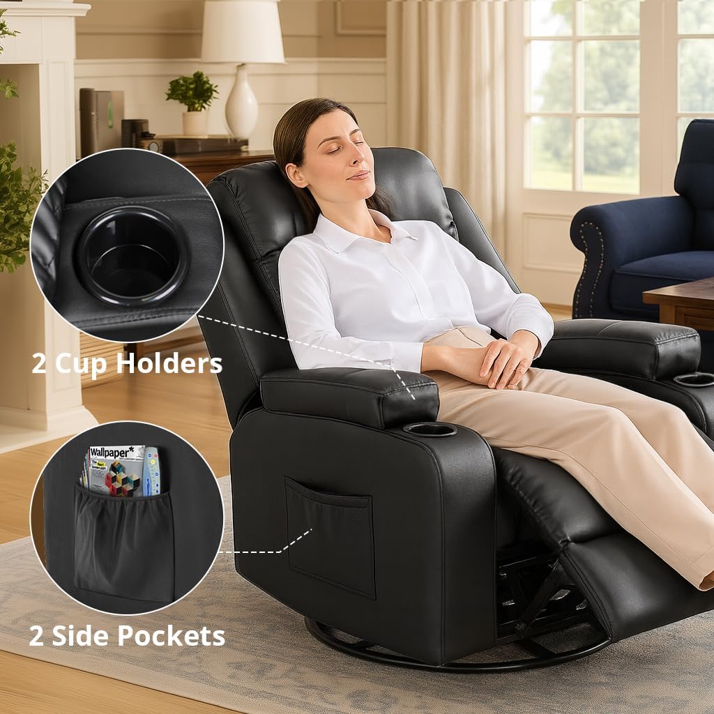 COMHOMA Recliner Chair,PU Rocking Chair for Adults,Swivel Recliner with Cup Holders,Heat and Massage,Single Sofa Seat with Side Pockets for Living Room,Bedroom(Black)