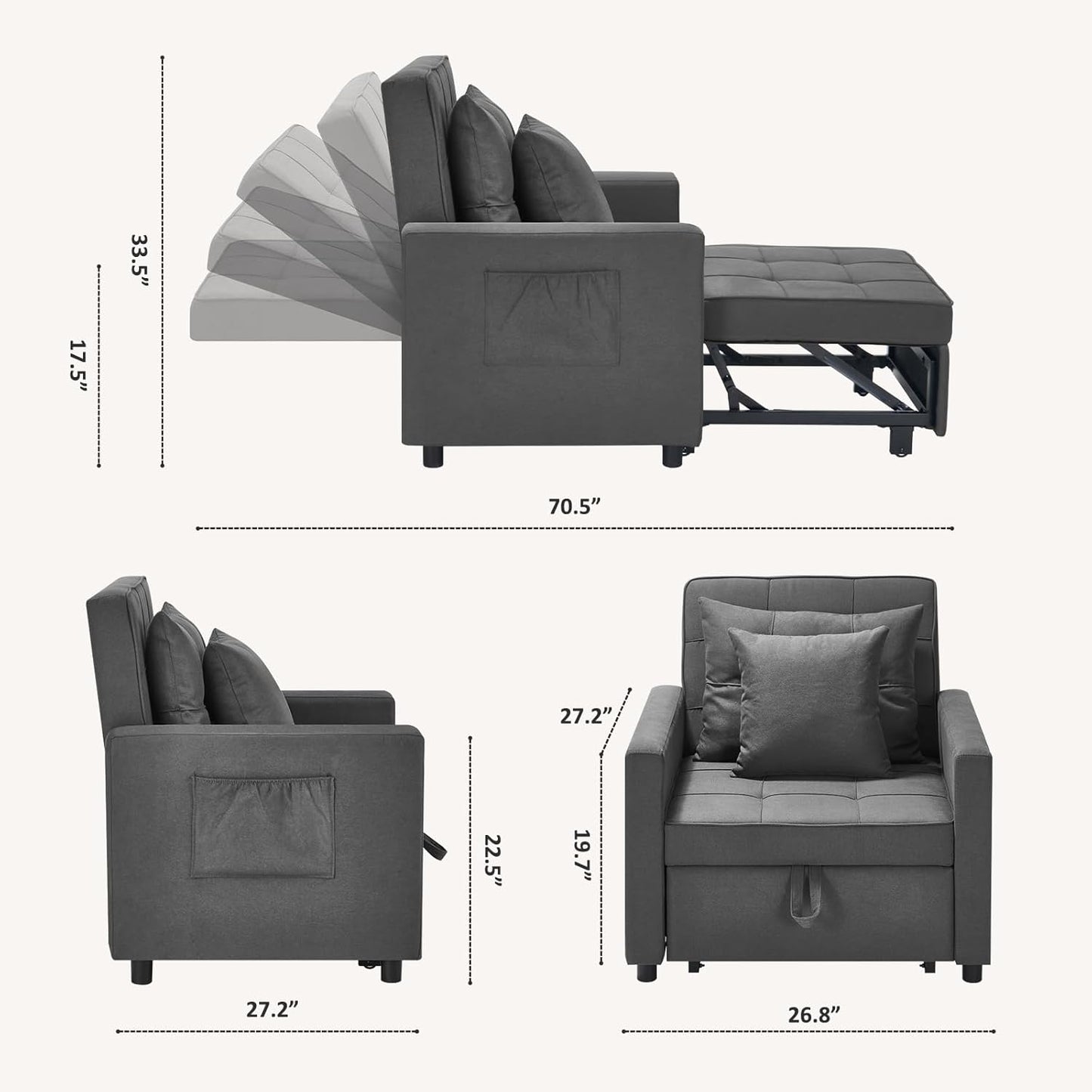 Polar Aurora Sofa Bed Chair 3-in-1 Convertible, Lounger Sleeper, Single Recliner for Small Space with Adjustable Backrest (Dark Grey)