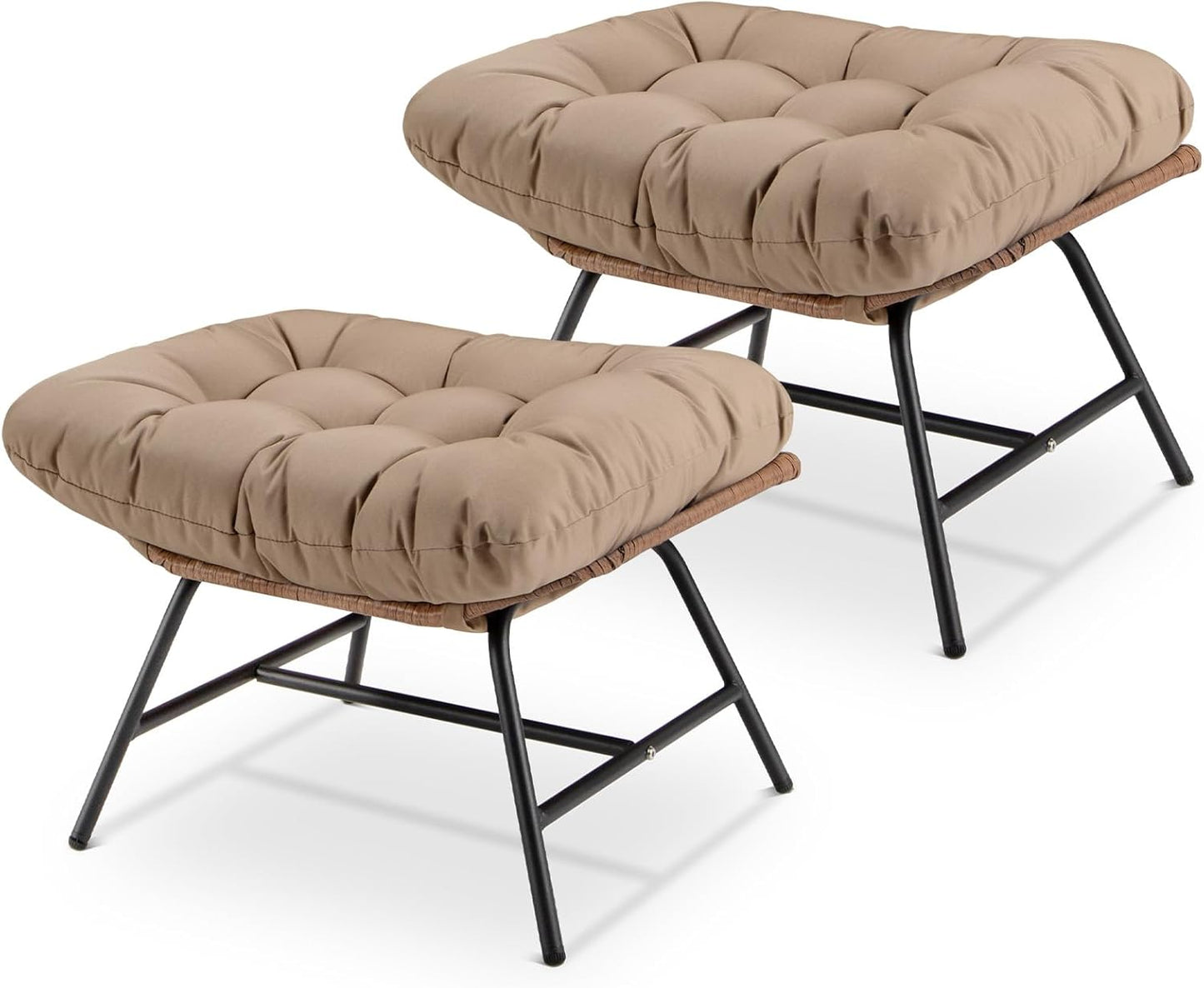 NICESOUL Indoor Outdoor Ottoman Set of 2, Large Wide Double Patio Footstool, PE Rattan Thicken Cushioned Footrest, All-Weather Wicker Furniture for Balcony, Porch, Living Room, Egg Chair, Brown