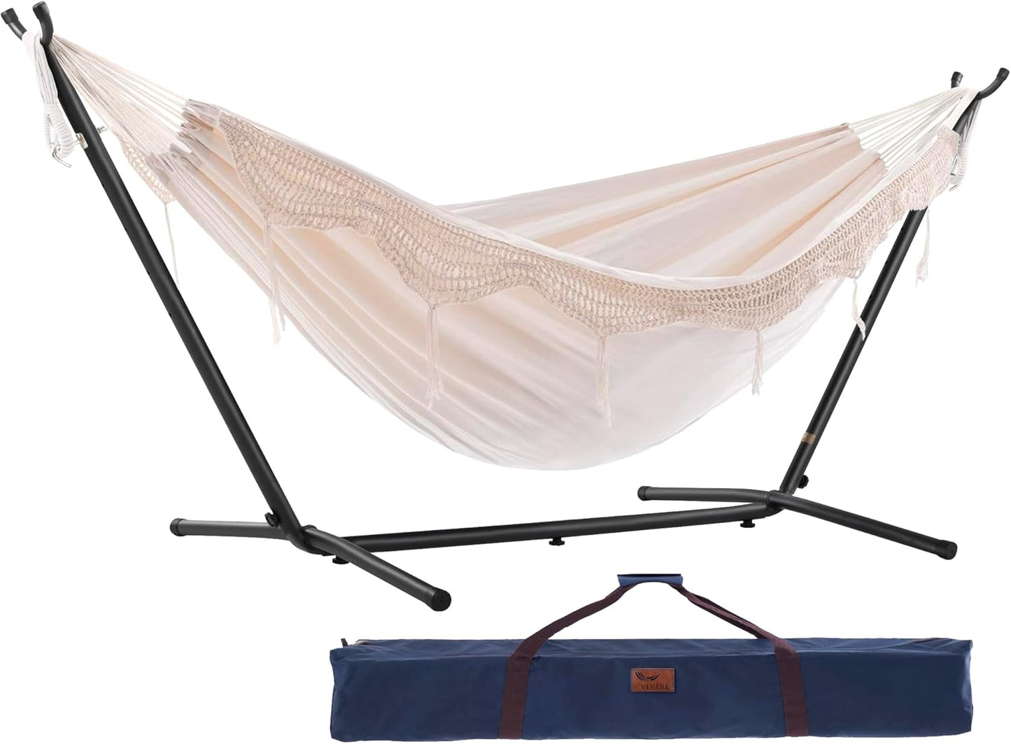 Vivere Double Cotton Hammock with Space Saving Steel Stand, Upgraded Polyester End Strings 450 lb Capacity - Premium Carry Bag Included - (Tropical)