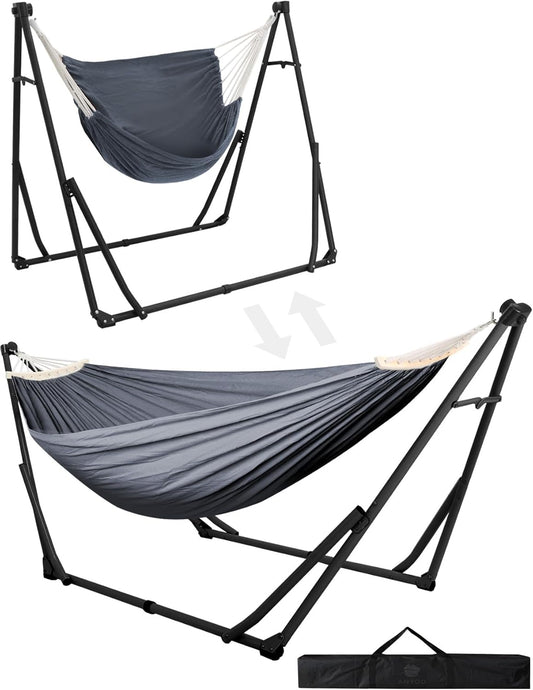 Anyoo 2 in 1 Hammock and Swinging Chair with Collapsible Steel Stand & Carrying Case,Portable & Adjustable,Easy Set Up for Outdoor,Indoor,Porch Swing,Patio,Garden,Camping Trip