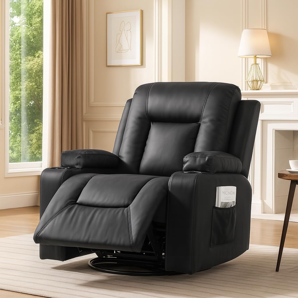 COMHOMA Recliner Chair,PU Rocking Chair for Adults,Swivel Recliner with Cup Holders,Heat and Massage,Single Sofa Seat with Side Pockets for Living Room,Bedroom(Black)