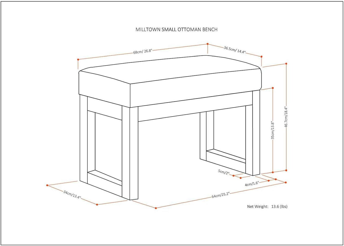SIMPLIHOME Milltown 27 inch Wide Contemporary Rectangle Footstool Ottoman Bench in Grey Linen Look Fabric, Assembled, for the Living Room and Bedroom