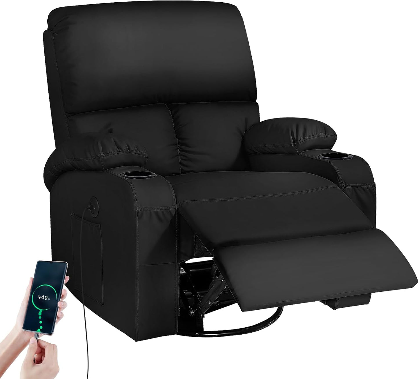 Rocking Recliner Chair, Massage Rocker Recliner Chair with Vibration Massage and Heat, 360° Swivel Faux Leather Chairs, Living Room, Bedroom, Nursery, RV, Black