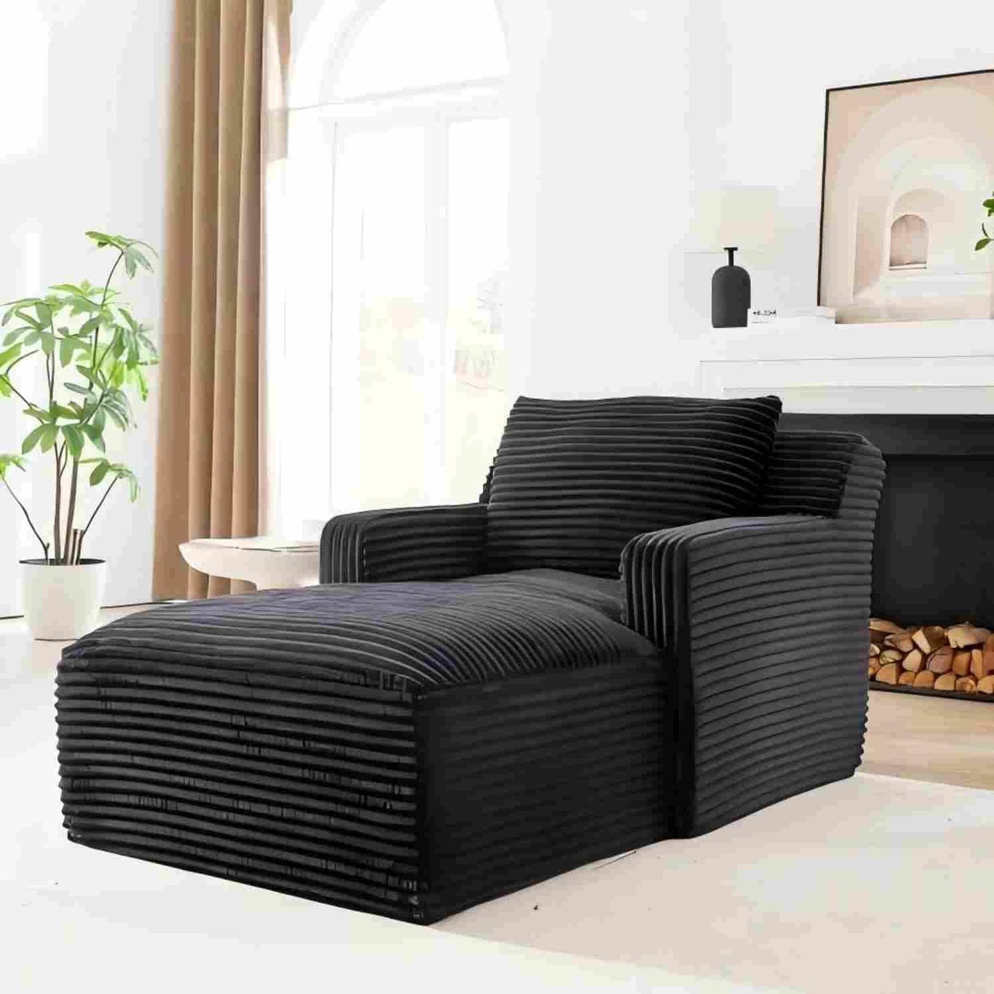 65.4" Chaise Lounge Chair Indoor, Oversized Boneless Couch Comfy Upholstered Sleeper Sofa Bed with 3 Pillows, Corduroy Cloud Reading Chair for Living Room No Assembly Required, Black