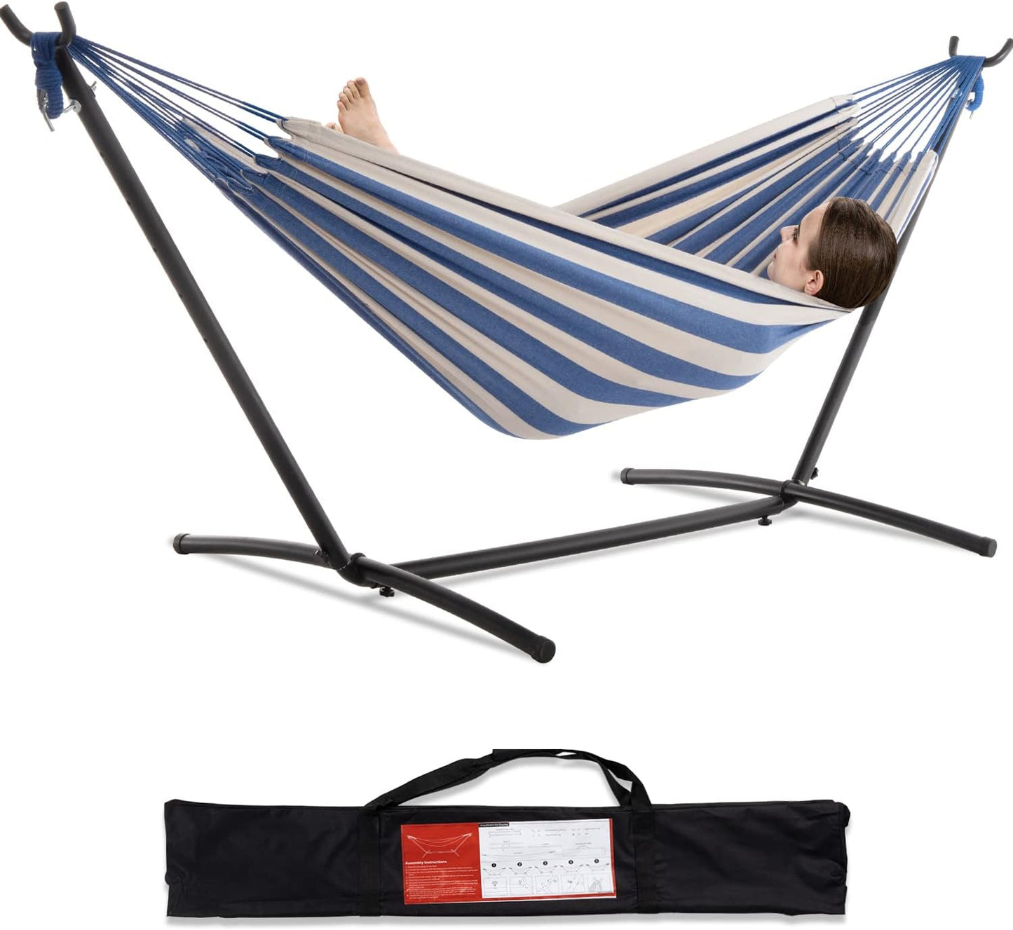 PNAEUT Double Hammocks with Stand for Outside, Portable Space Saving Heavy-Duty Steel Stand for Indoor Outdoor Patio with Carrying Bag, 450 lbs Capacity (Coffee)