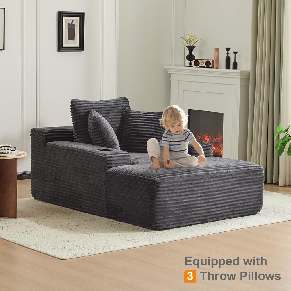 66" Oversized Chaise Lounge Sofa Chair Indoor, Modern Corduroy Single Sleeper Couch Chair with 3 Soft Pillows&Cup Holder, Boneless Cloud Couch Single Seat Sofa Bed for Living Room Office (Dark Grey)