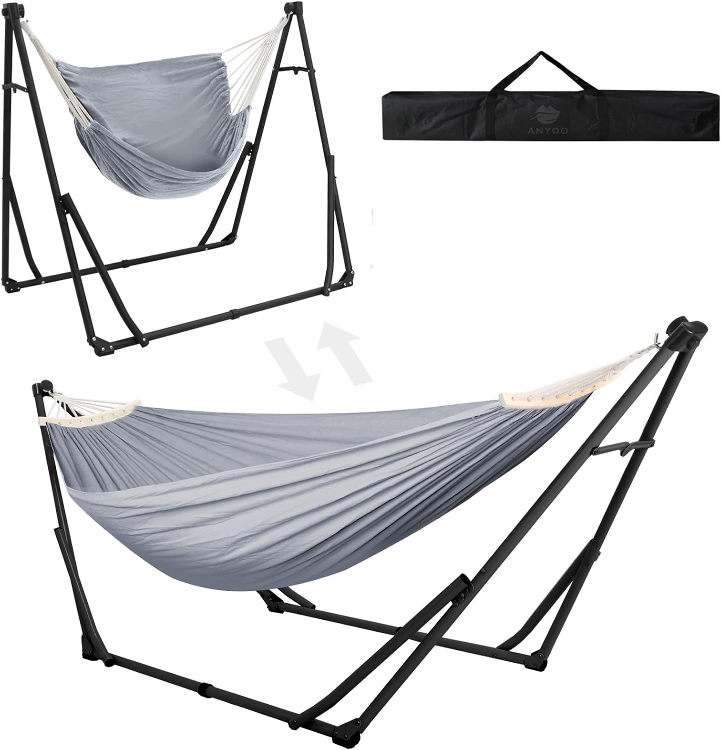 Anyoo 2 in 1 Hammock and Swinging Chair with Collapsible Steel Stand & Carrying Case,Portable & Adjustable,Easy Set Up for Outdoor,Indoor,Porch Swing,Patio,Garden,Camping Trip