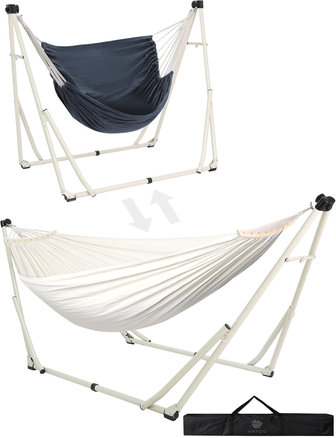 Anyoo 2 in 1 Hammock and Swinging Chair with Collapsible Steel Stand & Carrying Case,Portable & Adjustable,Easy Set Up for Outdoor,Indoor,Porch Swing,Patio,Garden,Camping Trip
