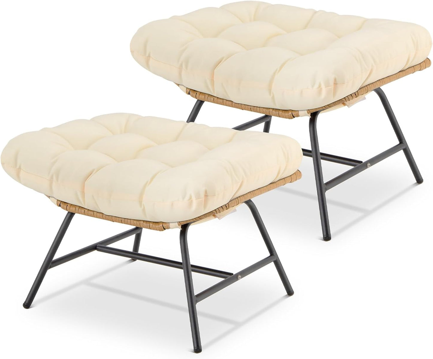 NICESOUL Indoor Outdoor Ottoman Set of 2, Large Wide Double Patio Footstool, PE Rattan Thicken Cushioned Footrest, All-Weather Wicker Furniture for Balcony, Porch, Living Room, Egg Chair, Brown