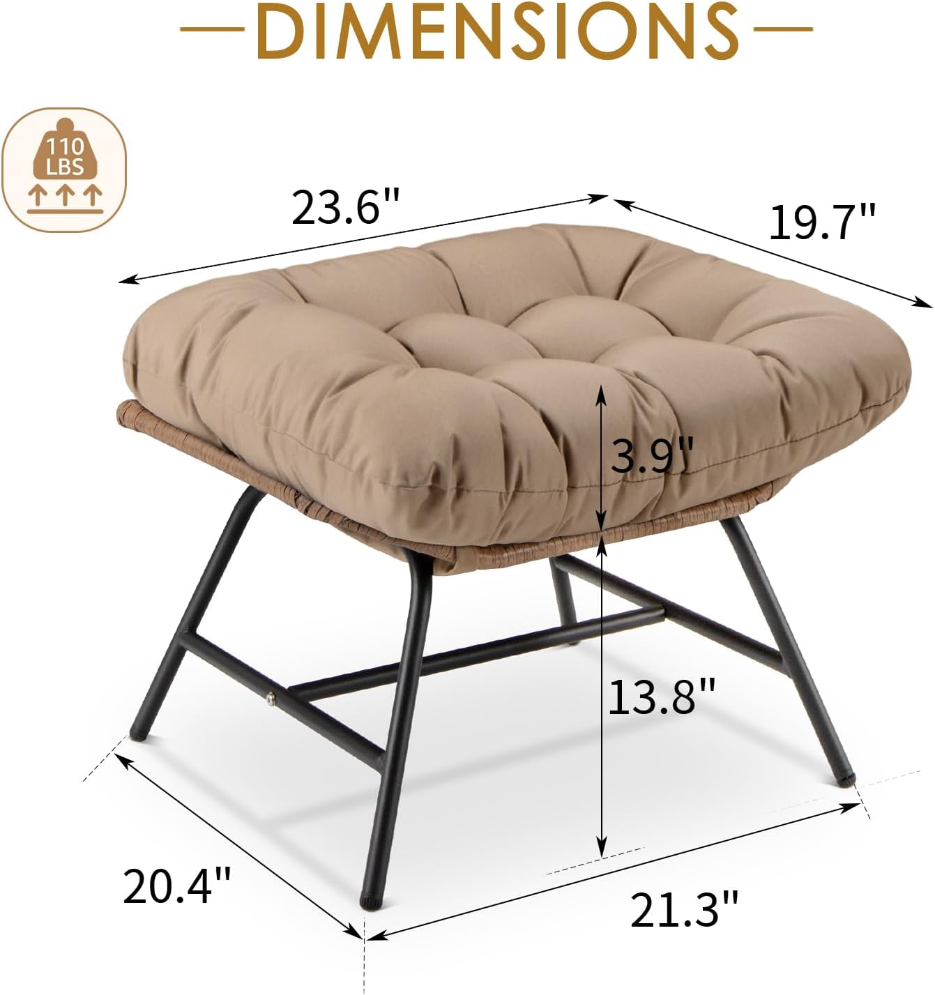 NICESOUL Indoor Outdoor Ottoman Set of 2, Large Wide Double Patio Footstool, PE Rattan Thicken Cushioned Footrest, All-Weather Wicker Furniture for Balcony, Porch, Living Room, Egg Chair, Brown