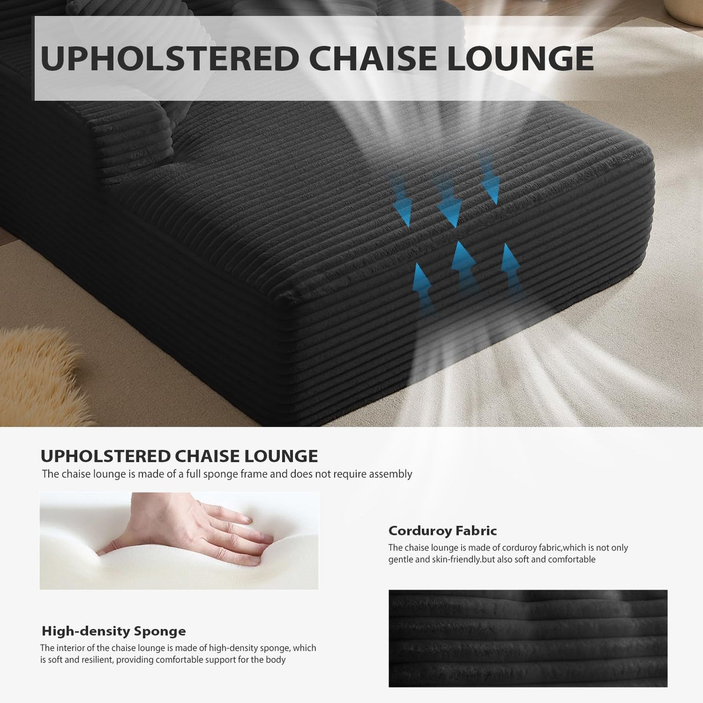 67 Inch Oversized Chaise Lounge Chair Indoor, Corduroy Upholstered Boneless Sofa Bed, Deep Seat Sleeper Couch Reading Chairs, Cloud Sofas Couches for Living Room, No Assembly Required (Black)