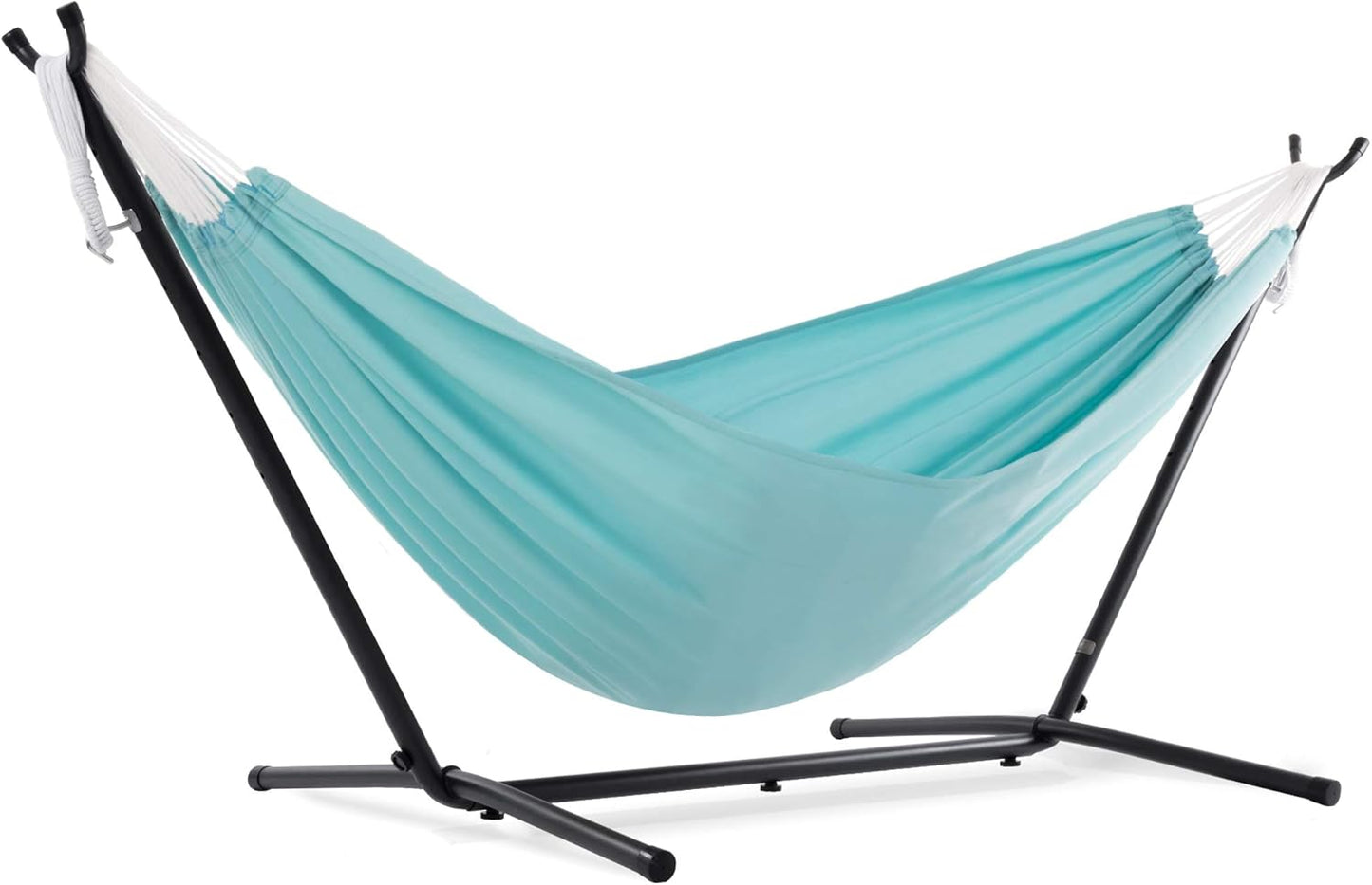 Vivere Double Cotton Hammock with Space Saving Steel Stand, Upgraded Polyester End Strings 450 lb Capacity - Premium Carry Bag Included - (Tropical)