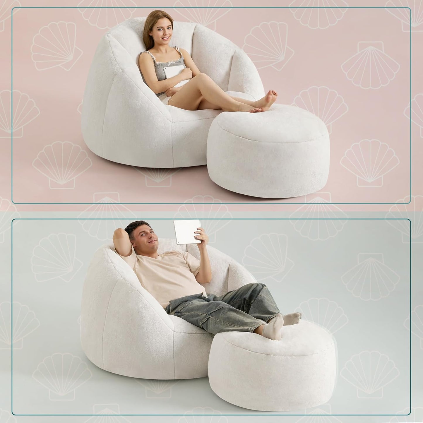 Giant Bean Bag Swivel Chair for Adults with Ottoman - Comfy Plush Round Shell Soft Accent Chaise Lounge Indoor Chair, Oversized Cozy Floor Sofa for Living Room, Bedroom & Game Rooms, Beige
