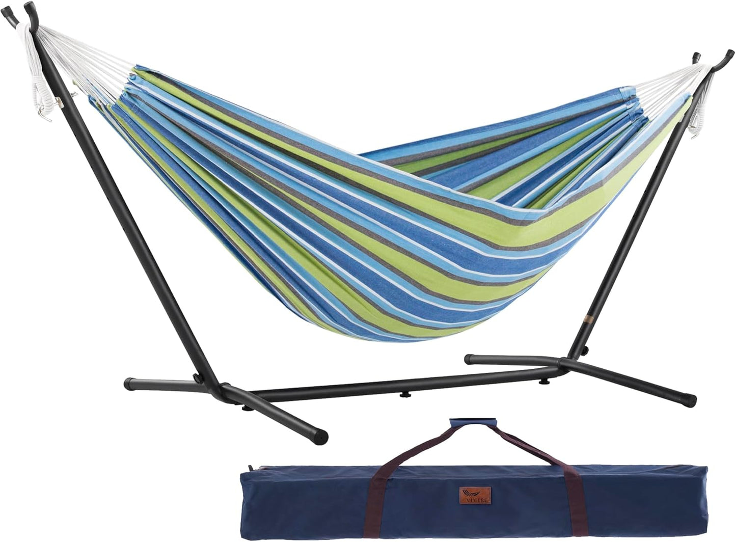 Vivere Double Cotton Hammock with Space Saving Steel Stand, Upgraded Polyester End Strings 450 lb Capacity - Premium Carry Bag Included - (Tropical)
