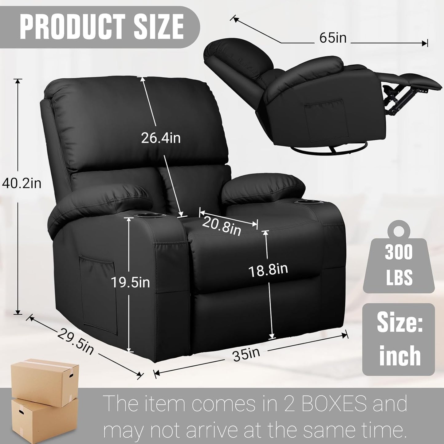Rocking Recliner Chair, Massage Rocker Recliner Chair with Vibration Massage and Heat, 360° Swivel Faux Leather Chairs, Living Room, Bedroom, Nursery, RV, Black