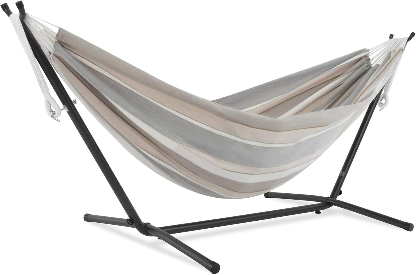Vivere Double Cotton Hammock with Space Saving Steel Stand, Upgraded Polyester End Strings 450 lb Capacity - Premium Carry Bag Included - (Tropical)