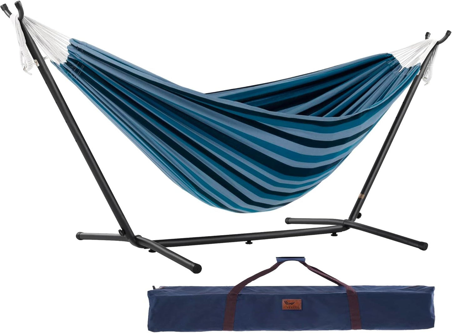 Vivere Double Cotton Hammock with Space Saving Steel Stand, Upgraded Polyester End Strings 450 lb Capacity - Premium Carry Bag Included - (Tropical)