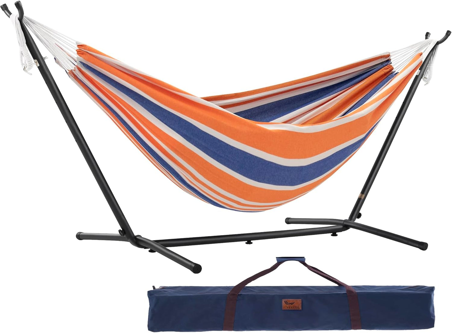 Vivere Double Cotton Hammock with Space Saving Steel Stand, Upgraded Polyester End Strings 450 lb Capacity - Premium Carry Bag Included - (Tropical)
