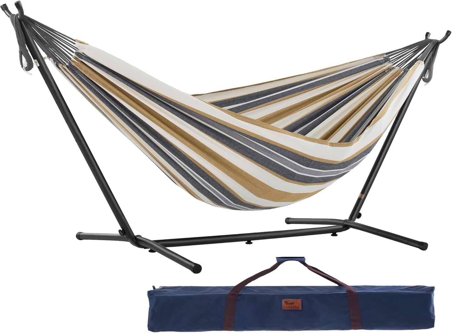 Vivere Double Cotton Hammock with Space Saving Steel Stand, Upgraded Polyester End Strings 450 lb Capacity - Premium Carry Bag Included - (Tropical)
