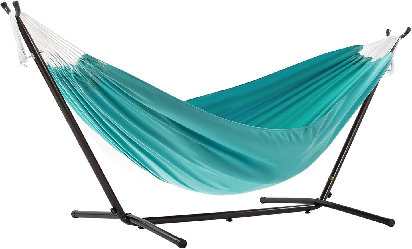 Vivere Double Cotton Hammock with Space Saving Steel Stand, Upgraded Polyester End Strings 450 lb Capacity - Premium Carry Bag Included - (Tropical)
