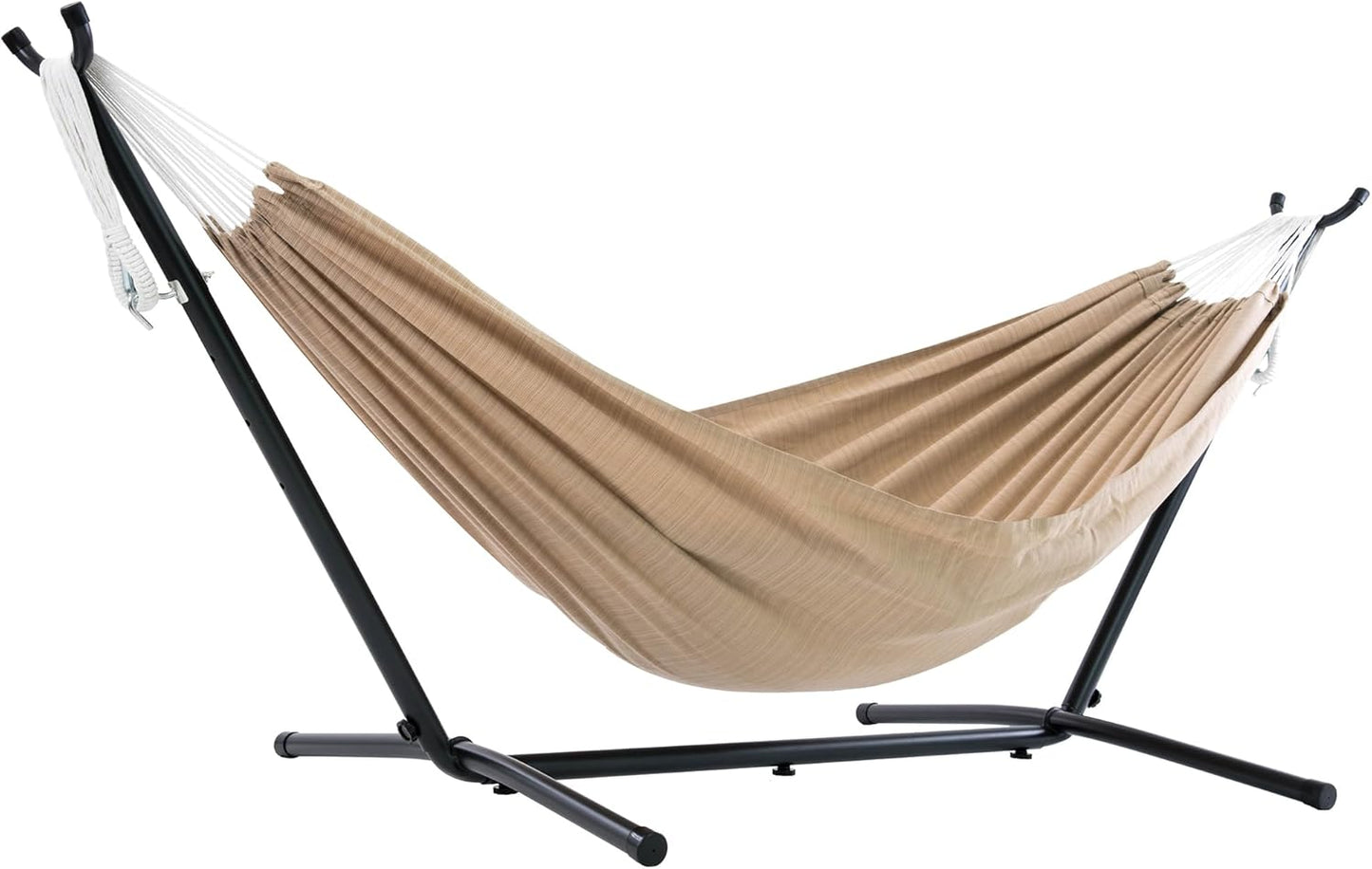 Vivere Double Cotton Hammock with Space Saving Steel Stand, Upgraded Polyester End Strings 450 lb Capacity - Premium Carry Bag Included - (Tropical)
