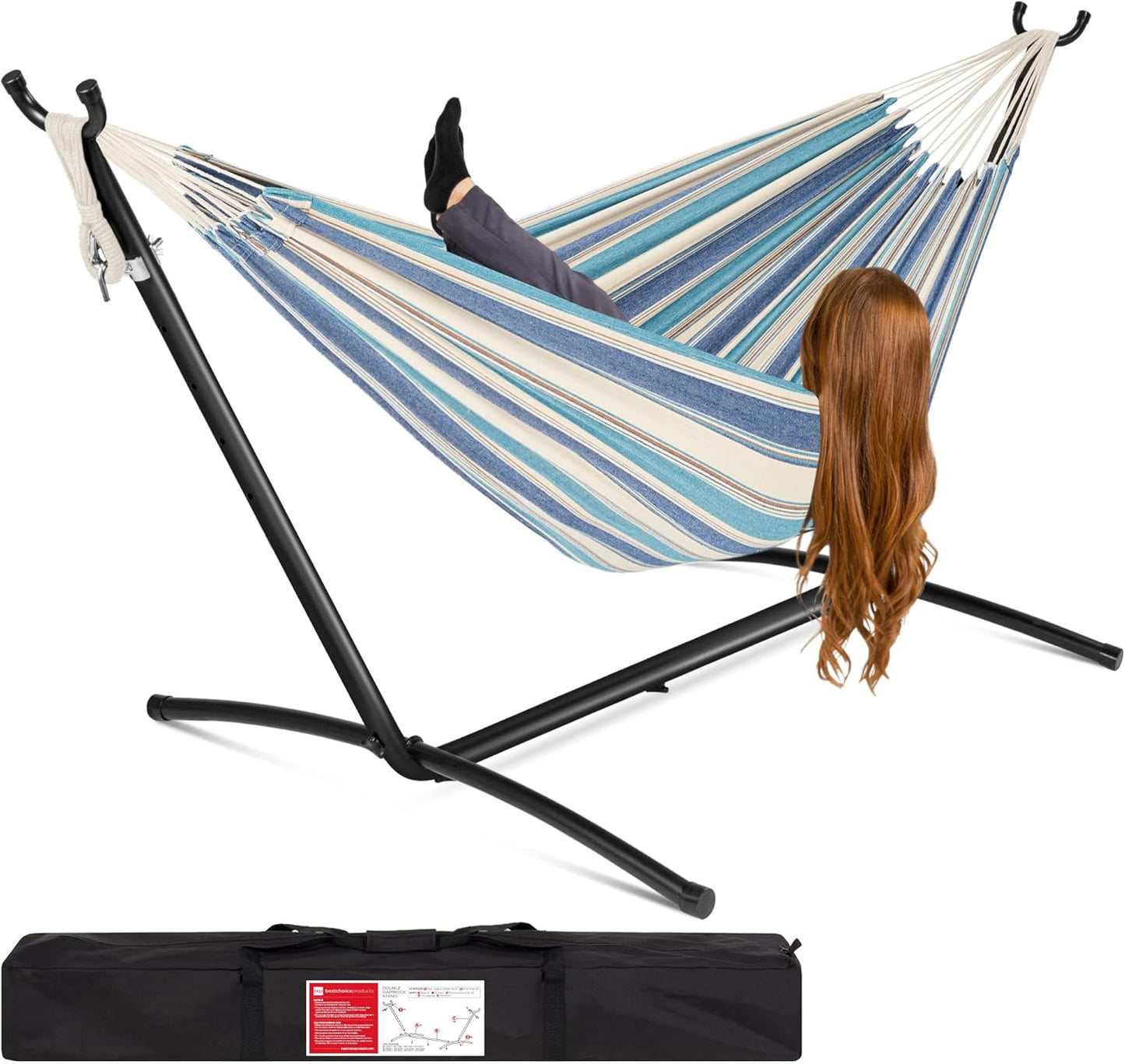 Best Choice Products Double Hammock with Steel Stand, Indoor Outdoor Brazilian-Style Cotton Bed w/Carrying Bag, 2-Person Capacity - Steel