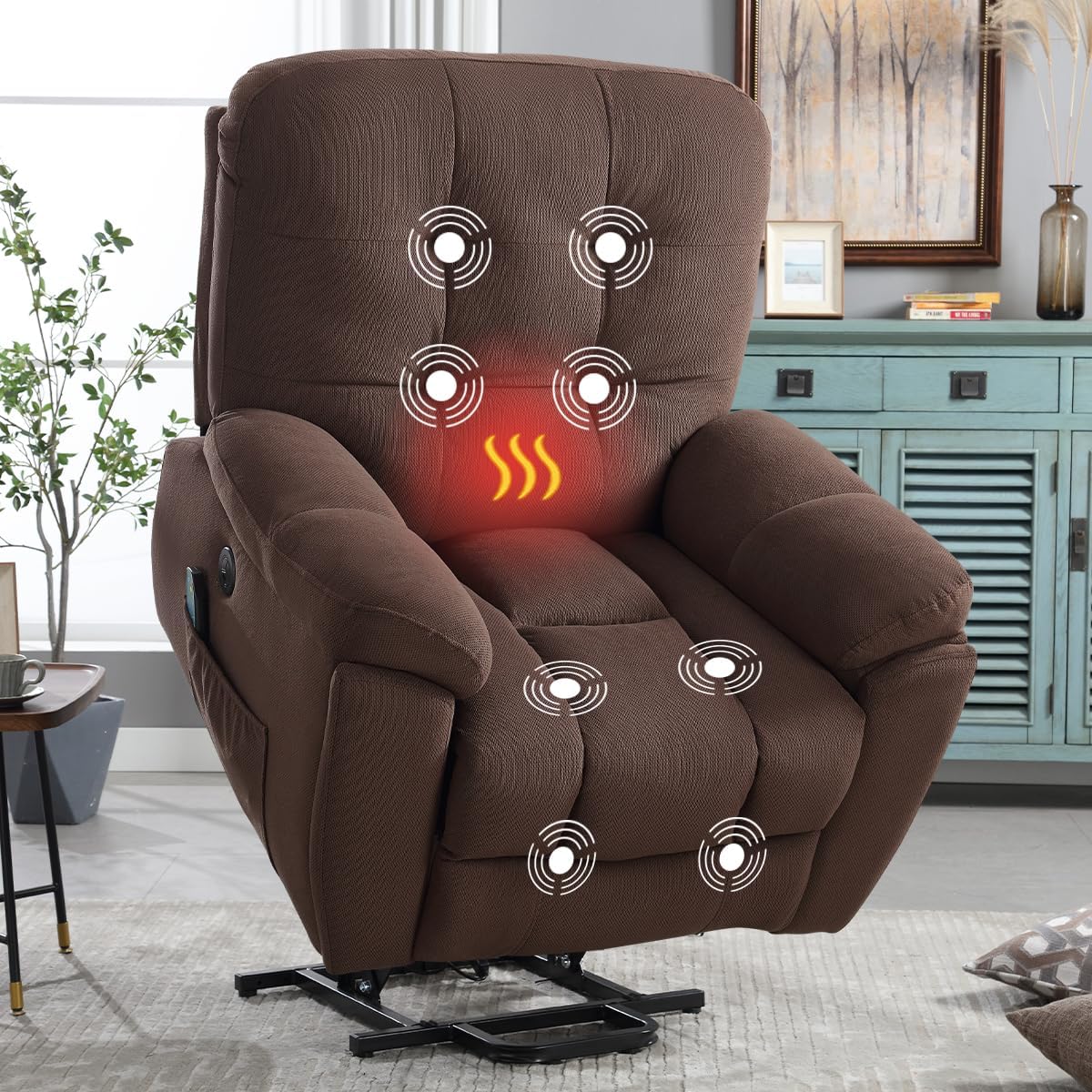 Power Lift Recliner Chair for Elderly with Vibration Massage and Lumbar Heating, Electric Lift Recliner Single Sofa with Side Pocket, Two Cup Holders and USB Charge Port for Living Room