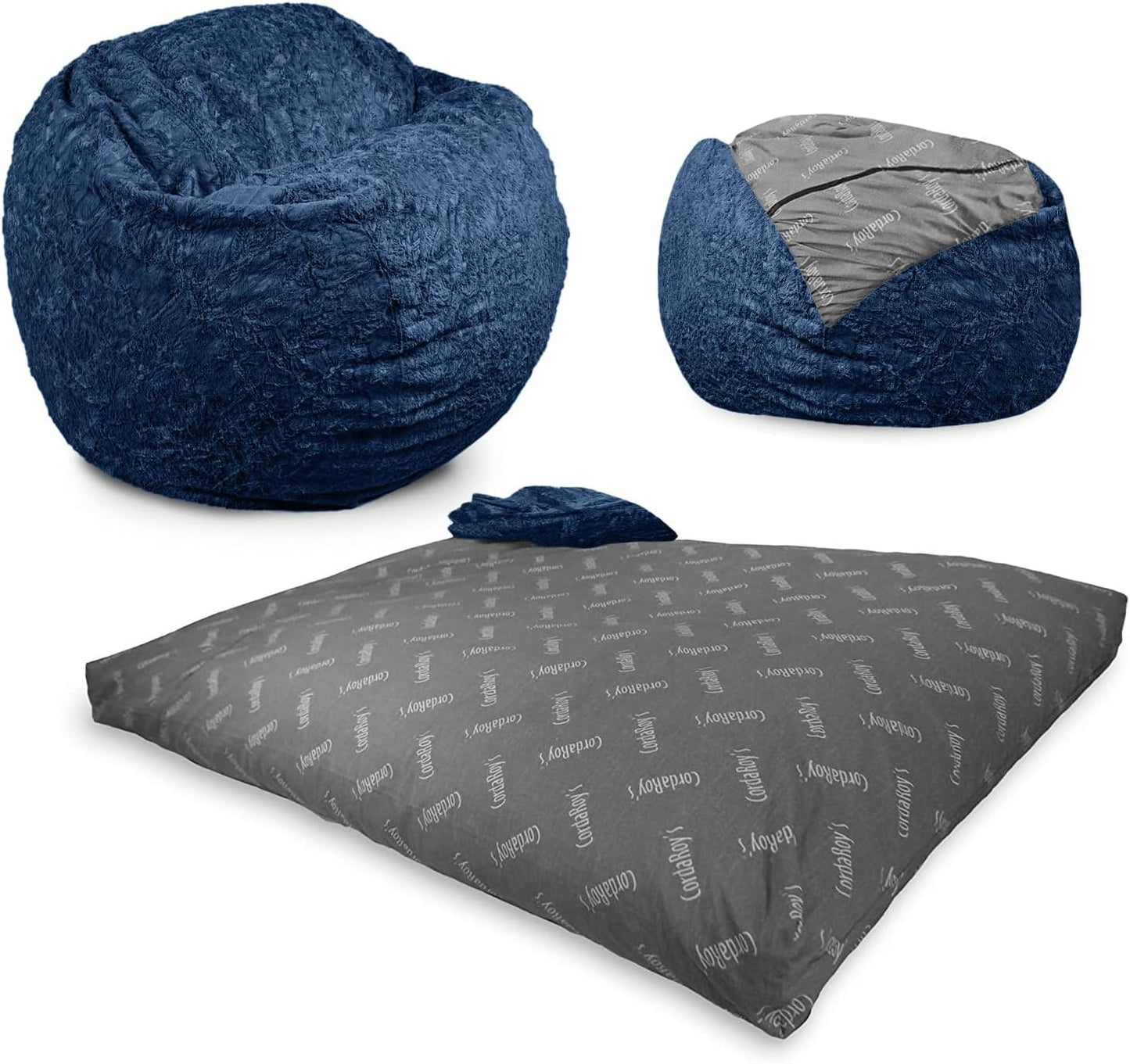 CordaRoy's Faux Fur Bean Bag-Convertible Bean Bag Chair -Machine-Washable Faux Fur Fabric Cover for Basement, Living Room, Game Room, Dorm & More - Full Size - Cow Pattern | Made in The USA