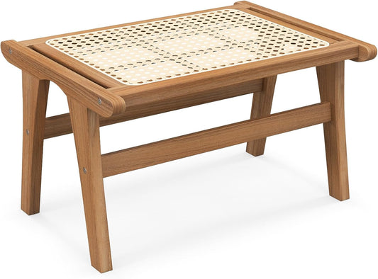 Tangkula Ottoman Footstool, Natural Teak Wooden Foot Rest with Handwoven Rattan for Living Room Bedroom Office, 14" H, Indoor (1)