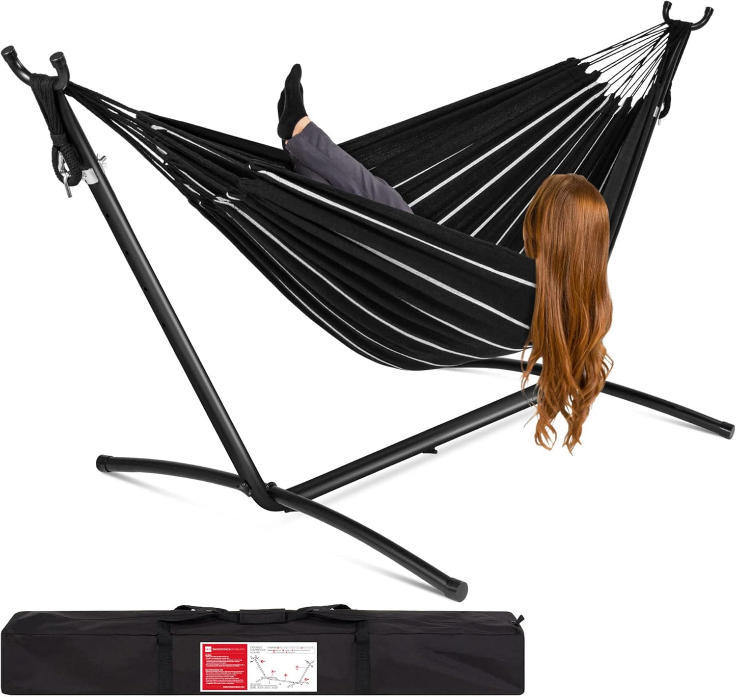 Best Choice Products Double Hammock with Steel Stand, Indoor Outdoor Brazilian-Style Cotton Bed w/Carrying Bag, 2-Person Capacity - Steel