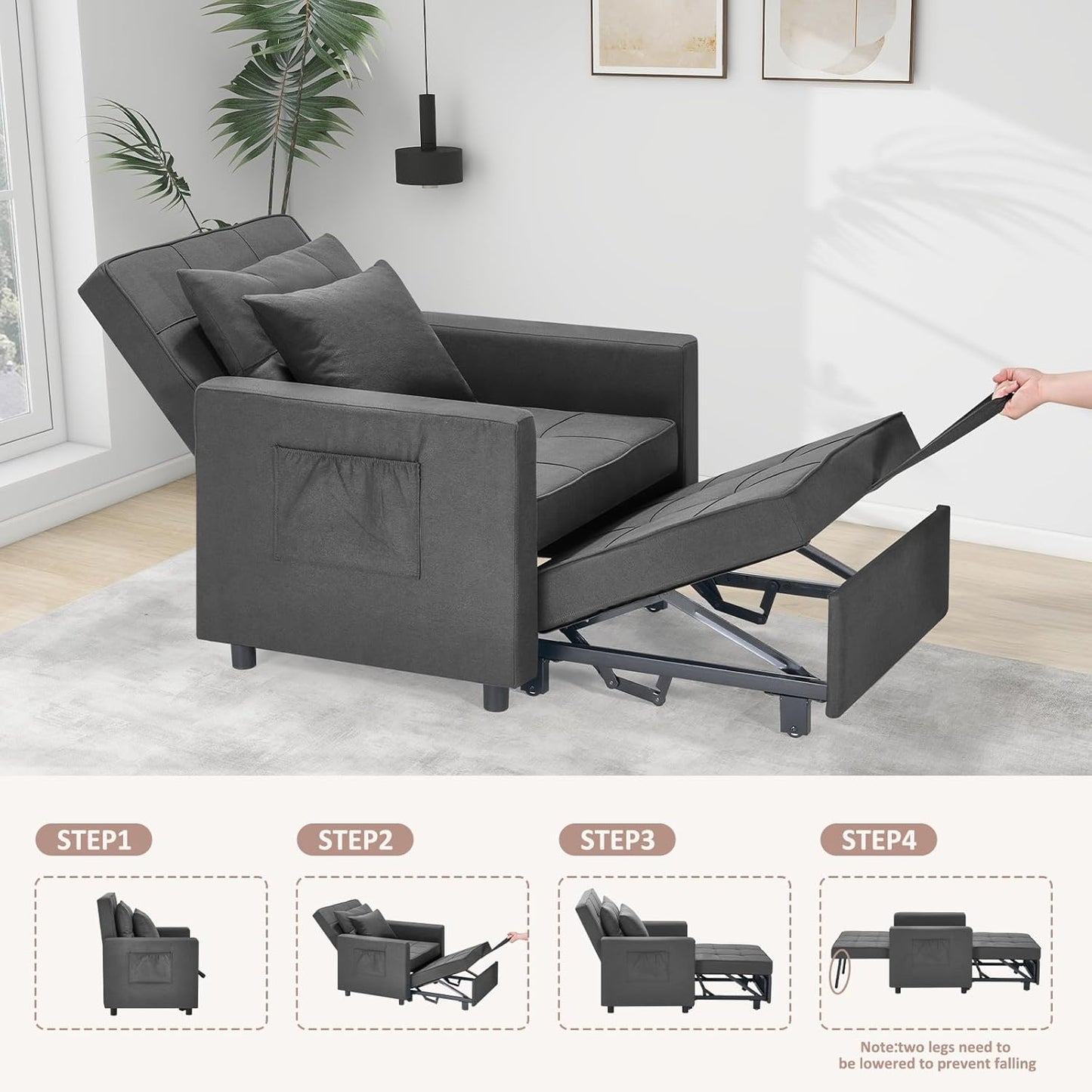 Polar Aurora Sofa Bed Chair 3-in-1 Convertible, Lounger Sleeper, Single Recliner for Small Space with Adjustable Backrest (Dark Grey)