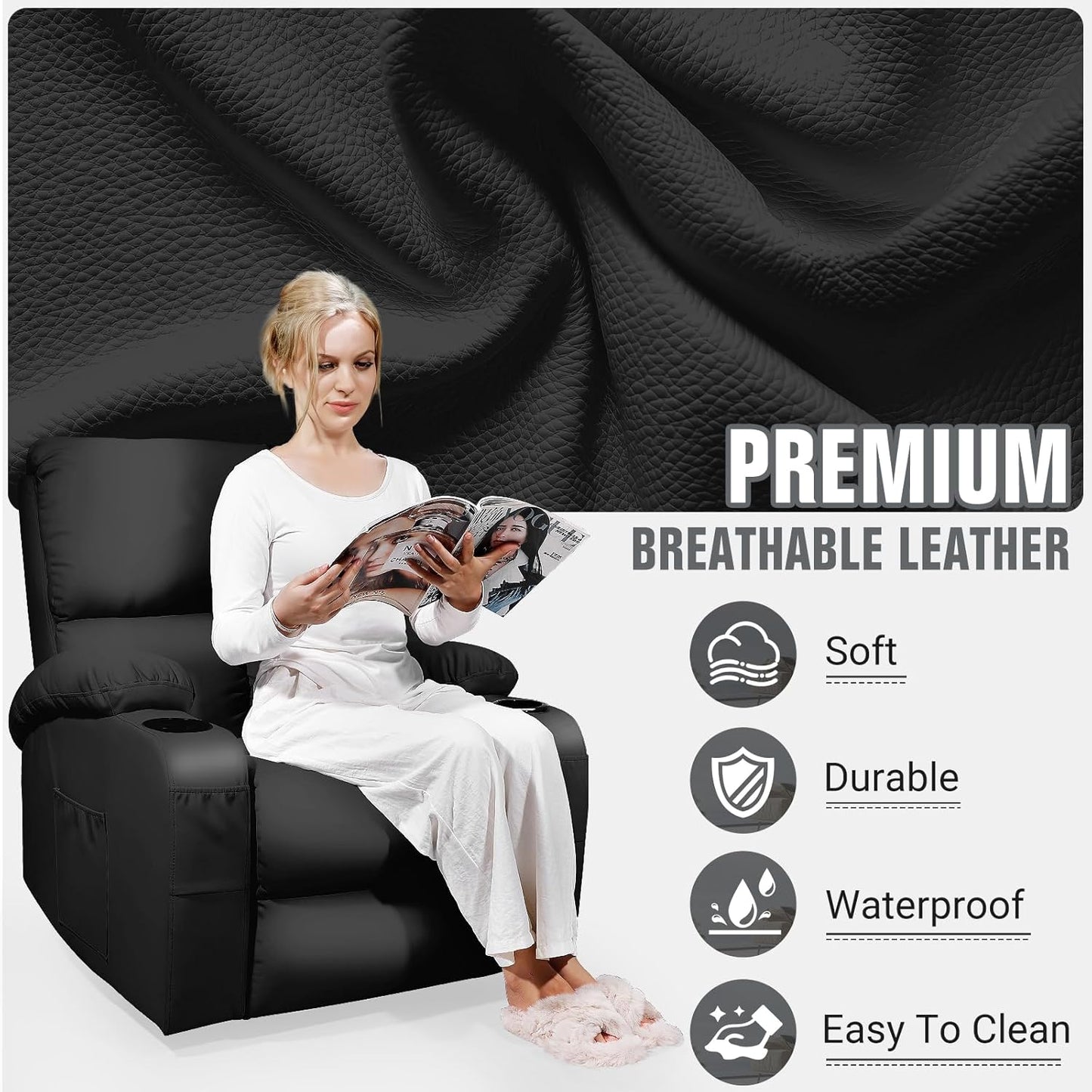 Rocking Recliner Chair, Massage Rocker Recliner Chair with Vibration Massage and Heat, 360° Swivel Faux Leather Chairs, Living Room, Bedroom, Nursery, RV, Black