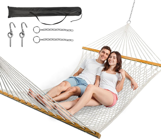 Double Hammock for 2 Person, Handwoven Rope Hammock with Spreader Bar Without Stand - Indoor & Outdoor Use for Patio, Poolside, Backyard (White)
