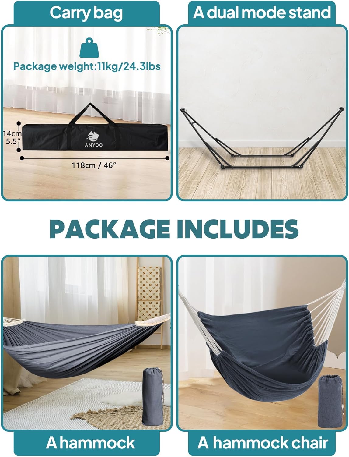 Anyoo 2 in 1 Hammock and Swinging Chair with Collapsible Steel Stand & Carrying Case,Portable & Adjustable,Easy Set Up for Outdoor,Indoor,Porch Swing,Patio,Garden,Camping Trip