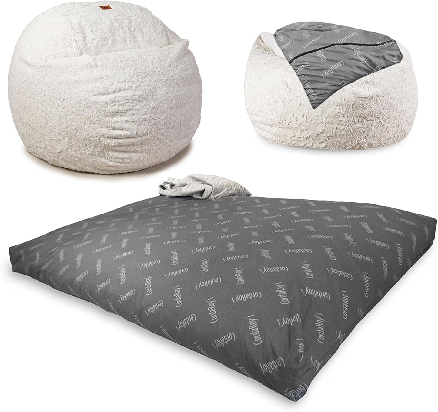 CordaRoy's Faux Fur Bean Bag-Convertible Bean Bag Chair -Machine-Washable Faux Fur Fabric Cover for Basement, Living Room, Game Room, Dorm & More - Full Size - Cow Pattern | Made in The USA