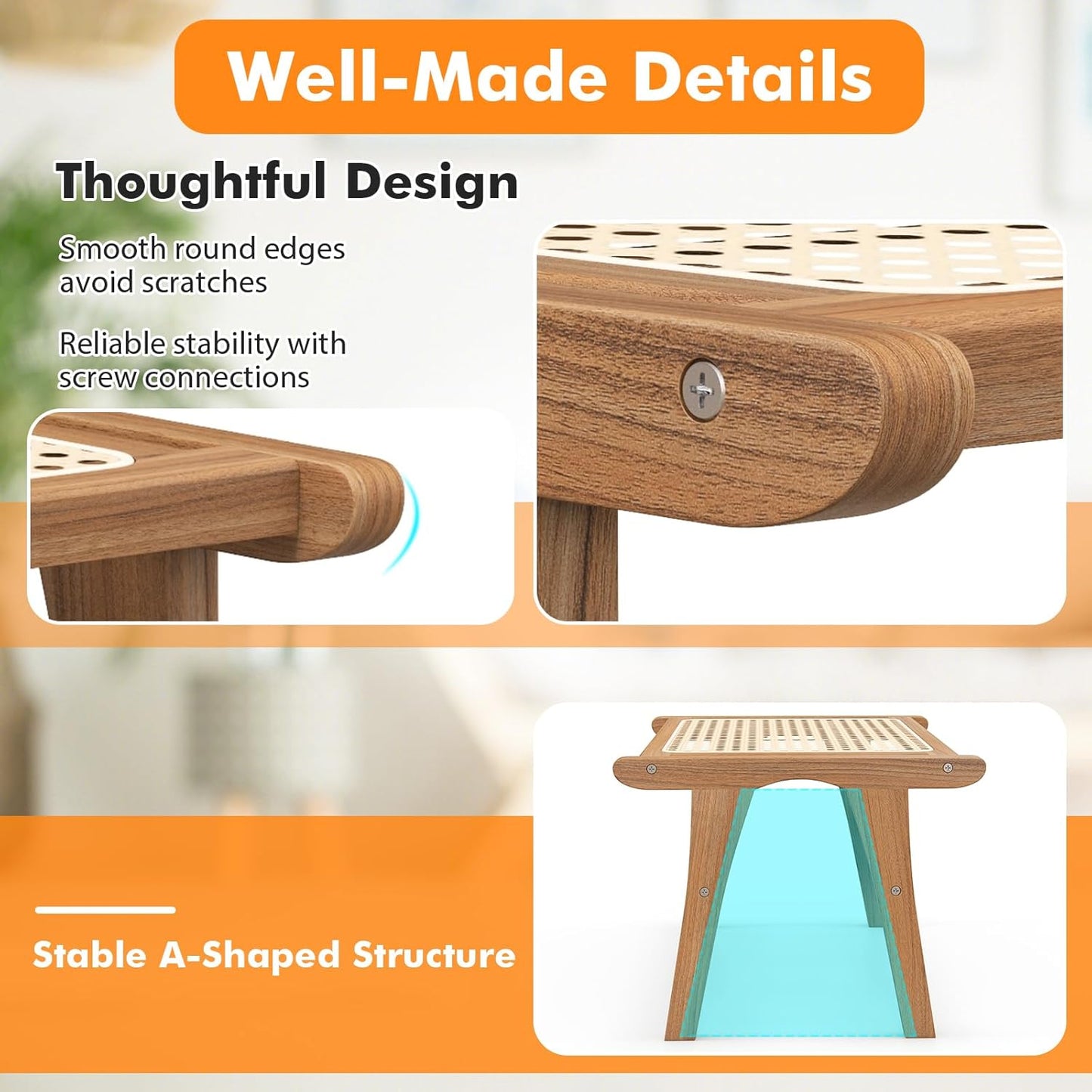 Tangkula Ottoman Footstool, Natural Teak Wooden Foot Rest with Handwoven Rattan for Living Room Bedroom Office, 14" H, Indoor (1)