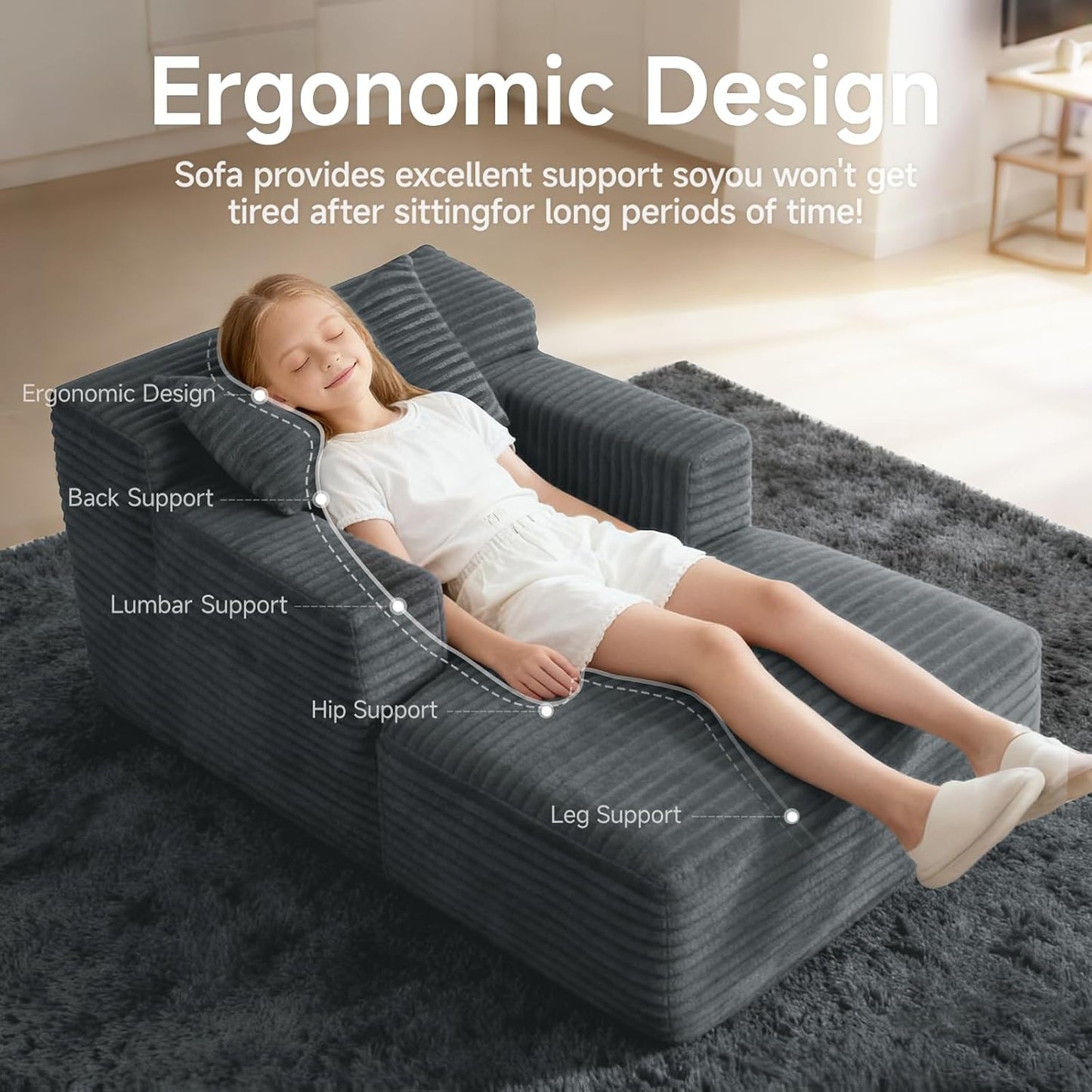 45'' Chaise Lounge Chair Indoor, Corduroy Upholstered Boneless Sofa Bed, Deep Seat Sleeper Couch Reading Chairs, Small Comfy Cloud Sofas Couches for Living Room, Bedroom, Movie Room (Dark Grey)