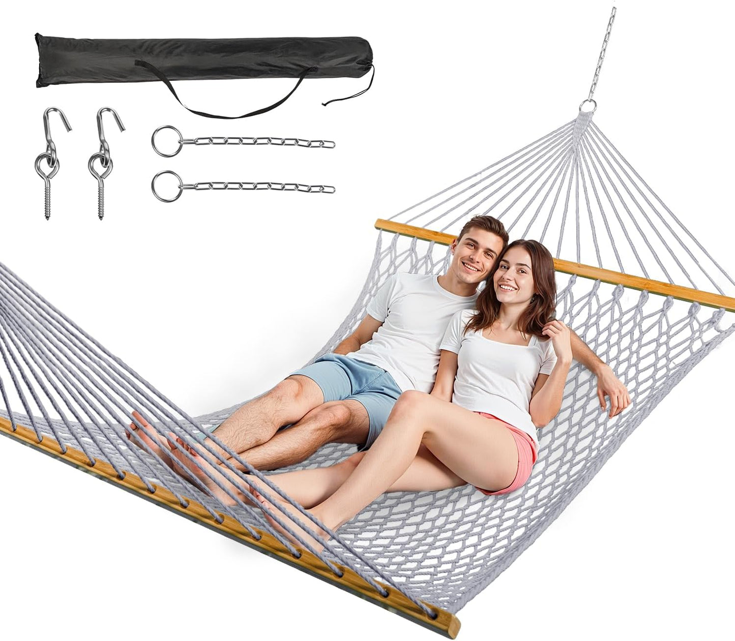 Double Hammock for 2 Person, Handwoven Rope Hammock with Spreader Bar Without Stand - Indoor & Outdoor Use for Patio, Poolside, Backyard (White)