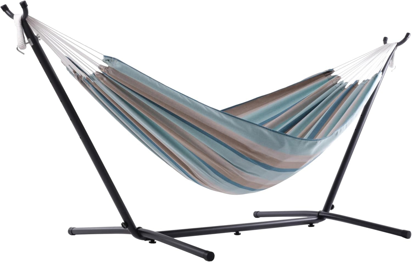 Vivere Double Cotton Hammock with Space Saving Steel Stand, Upgraded Polyester End Strings 450 lb Capacity - Premium Carry Bag Included - (Tropical)