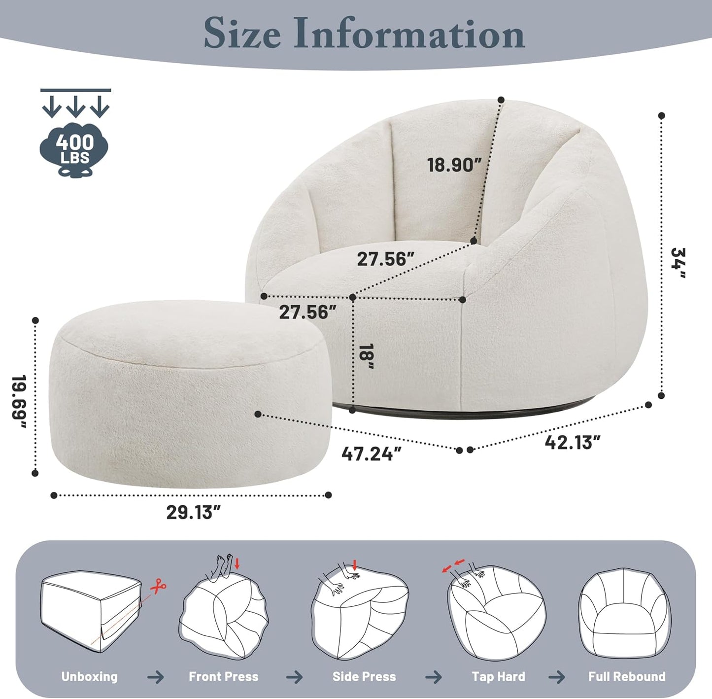 Giant Bean Bag Swivel Chair for Adults with Ottoman - Comfy Plush Round Shell Soft Accent Chaise Lounge Indoor Chair, Oversized Cozy Floor Sofa for Living Room, Bedroom & Game Rooms, Beige