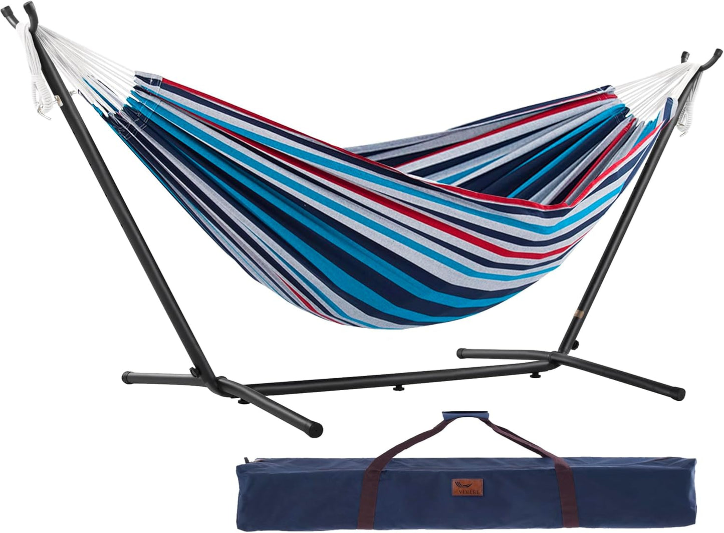 Vivere Double Cotton Hammock with Space Saving Steel Stand, Upgraded Polyester End Strings 450 lb Capacity - Premium Carry Bag Included - (Tropical)