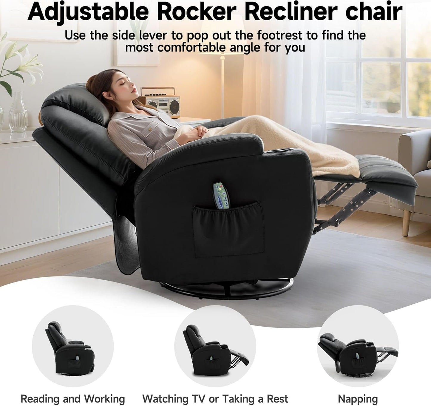 Recliner Chair, Rocking Chair with Massage and Heat, 360° Swivel Recliner Chairs for Adults, Rocker Manual Recliner with Remote Control and Cup Holder for Living Room, Bedroom, Nursery