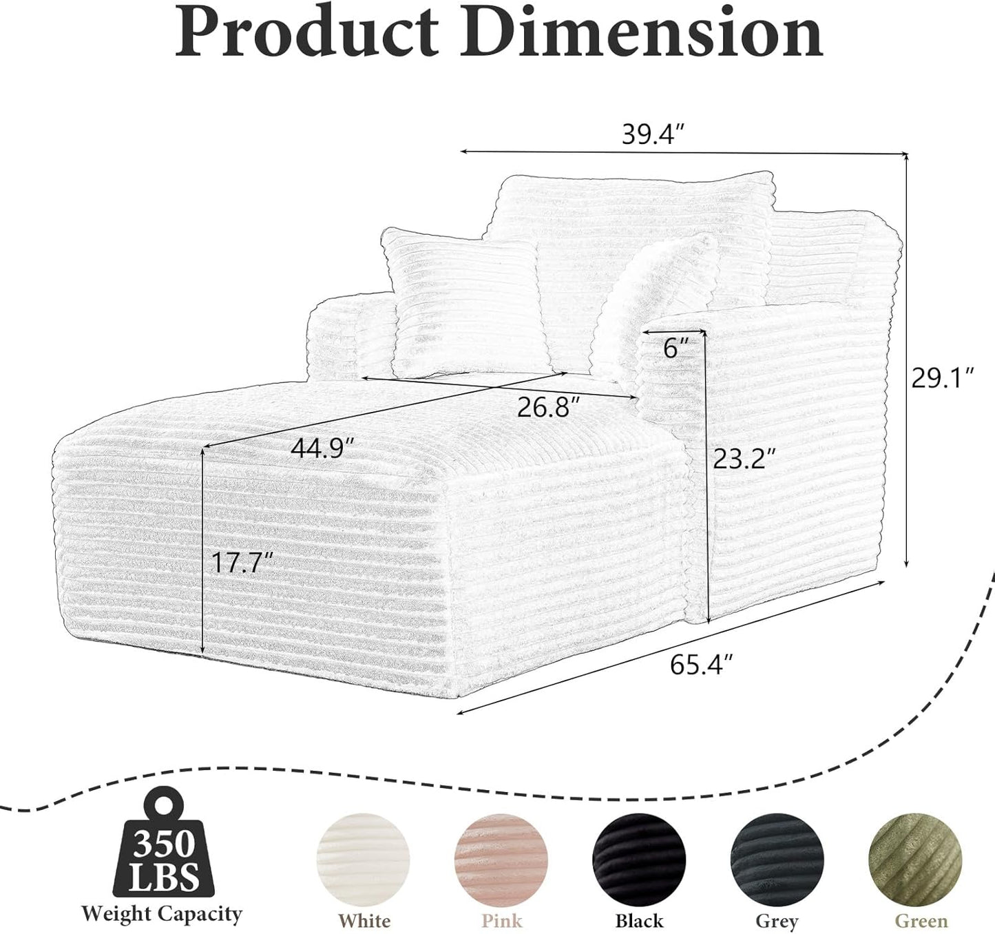 65.4" Chaise Lounge Chair Indoor, Oversized Boneless Couch Comfy Upholstered Sleeper Sofa Bed with 3 Pillows, Corduroy Cloud Reading Chair for Living Room No Assembly Required, Black