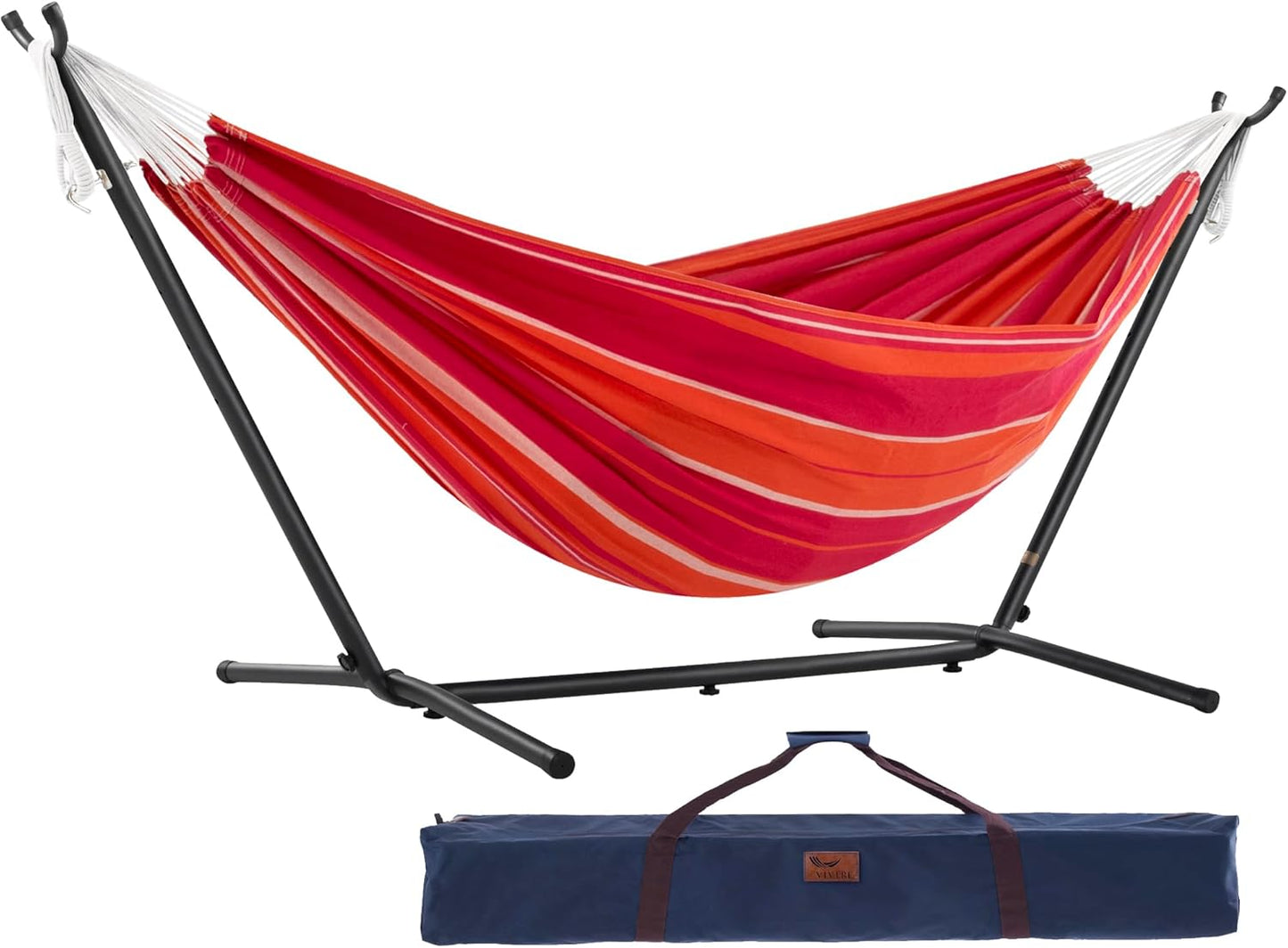 Vivere Double Cotton Hammock with Space Saving Steel Stand, Upgraded Polyester End Strings 450 lb Capacity - Premium Carry Bag Included - (Tropical)