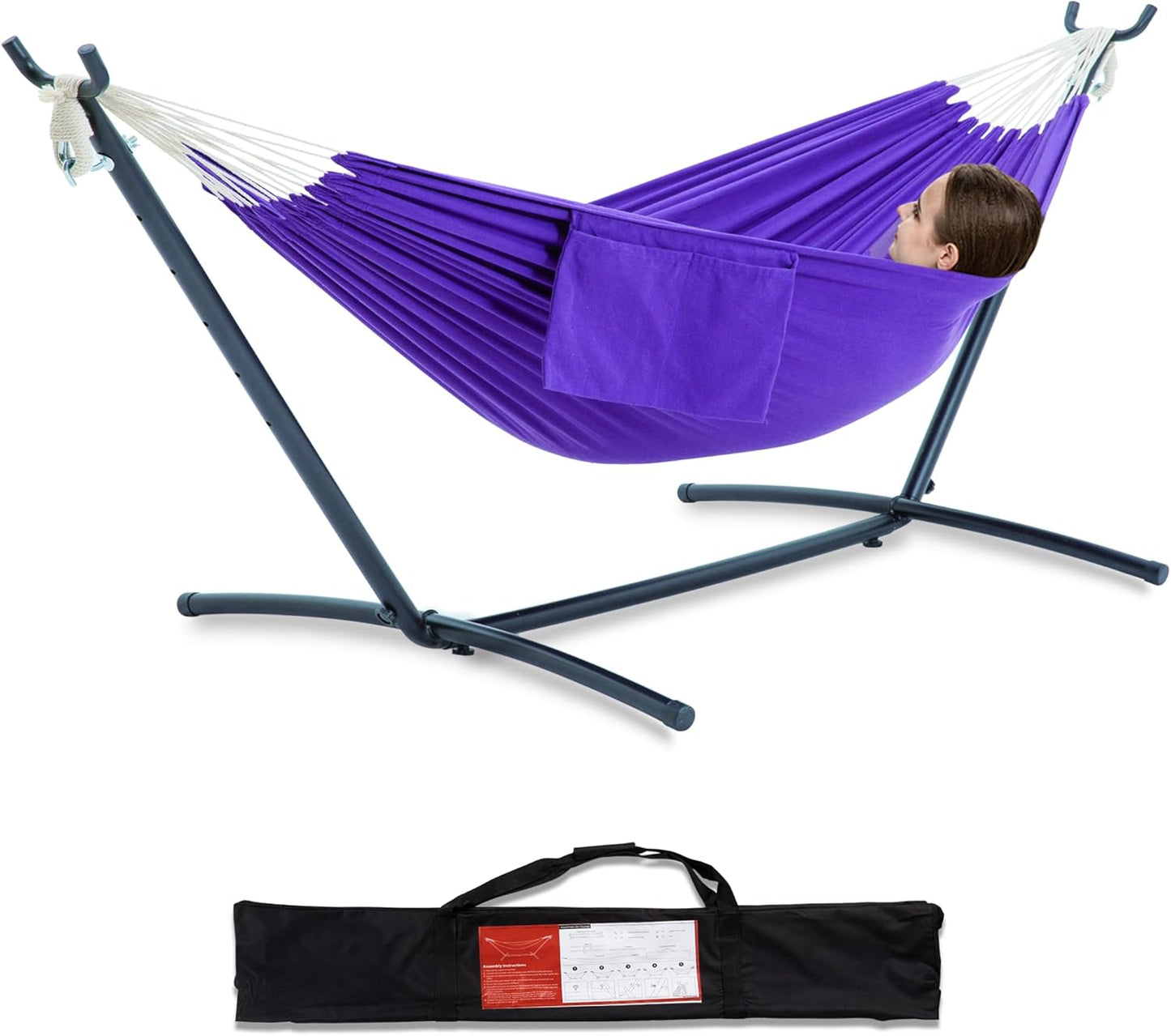 PNAEUT Double Hammocks with Stand for Outside, Portable Space Saving Heavy-Duty Steel Stand for Indoor Outdoor Patio with Carrying Bag, 450 lbs Capacity (Coffee)