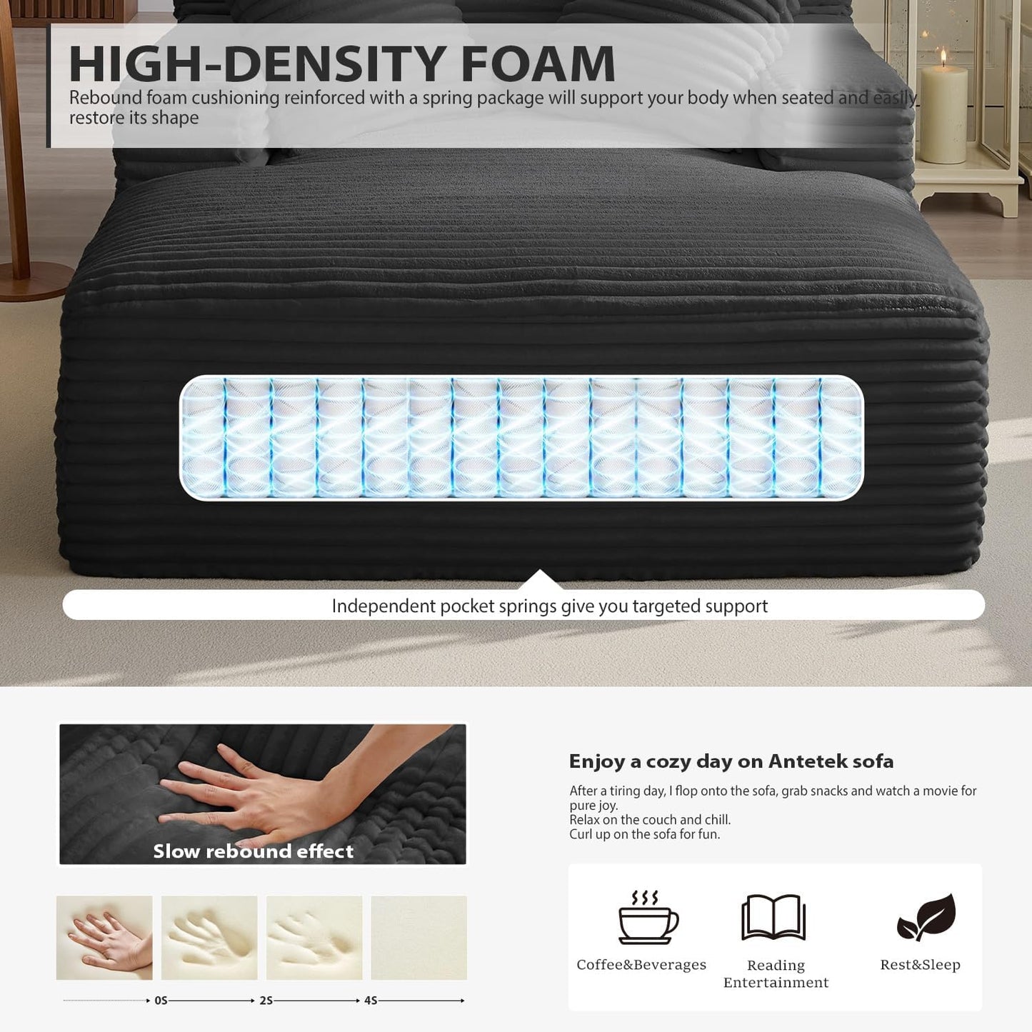 67 Inch Oversized Chaise Lounge Chair Indoor, Corduroy Upholstered Boneless Sofa Bed, Deep Seat Sleeper Couch Reading Chairs, Cloud Sofas Couches for Living Room, No Assembly Required (Black)