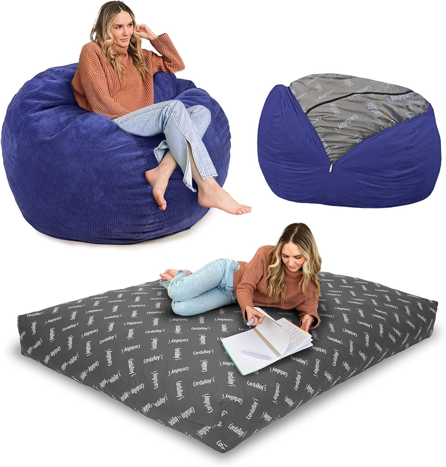 CordaRoy's Chenille Bean Bag-Convertible Bean Bag Chair-Machine-Washable Chenille Fabric Cover-for Basement,Living Room,Game Room,Dorm & More - Queen Size - Charcoal | Made in The USA